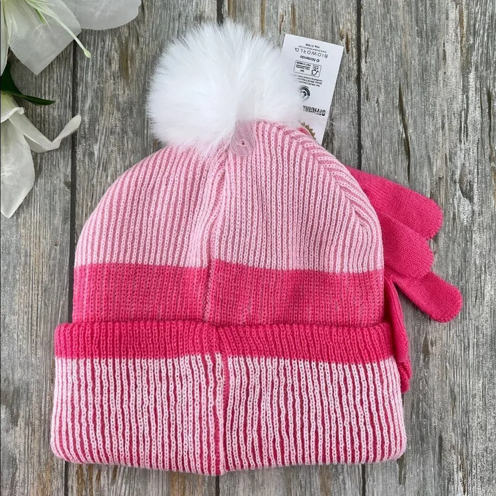 Girls Super Mario Princess Peach Pink Winter Hat and Gloves Set
